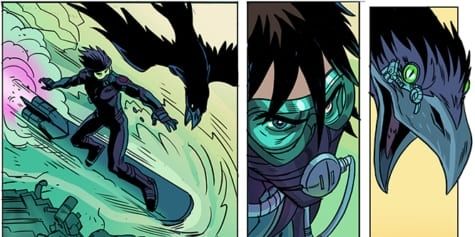 Trois cases de bande dessinée montrent un personnage masqué en mouvement