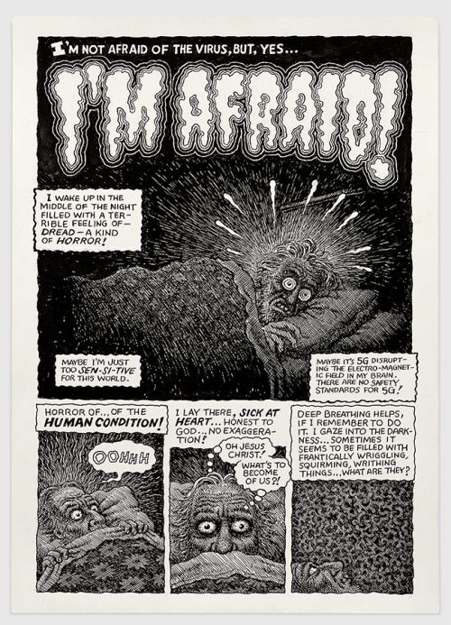 Planche de comix en noir et blanc montrant un personnage monstrueux anxieux