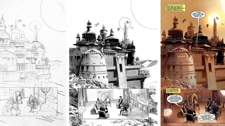 Planche de bande dessinée montrant croquis, encrage et page colorisée